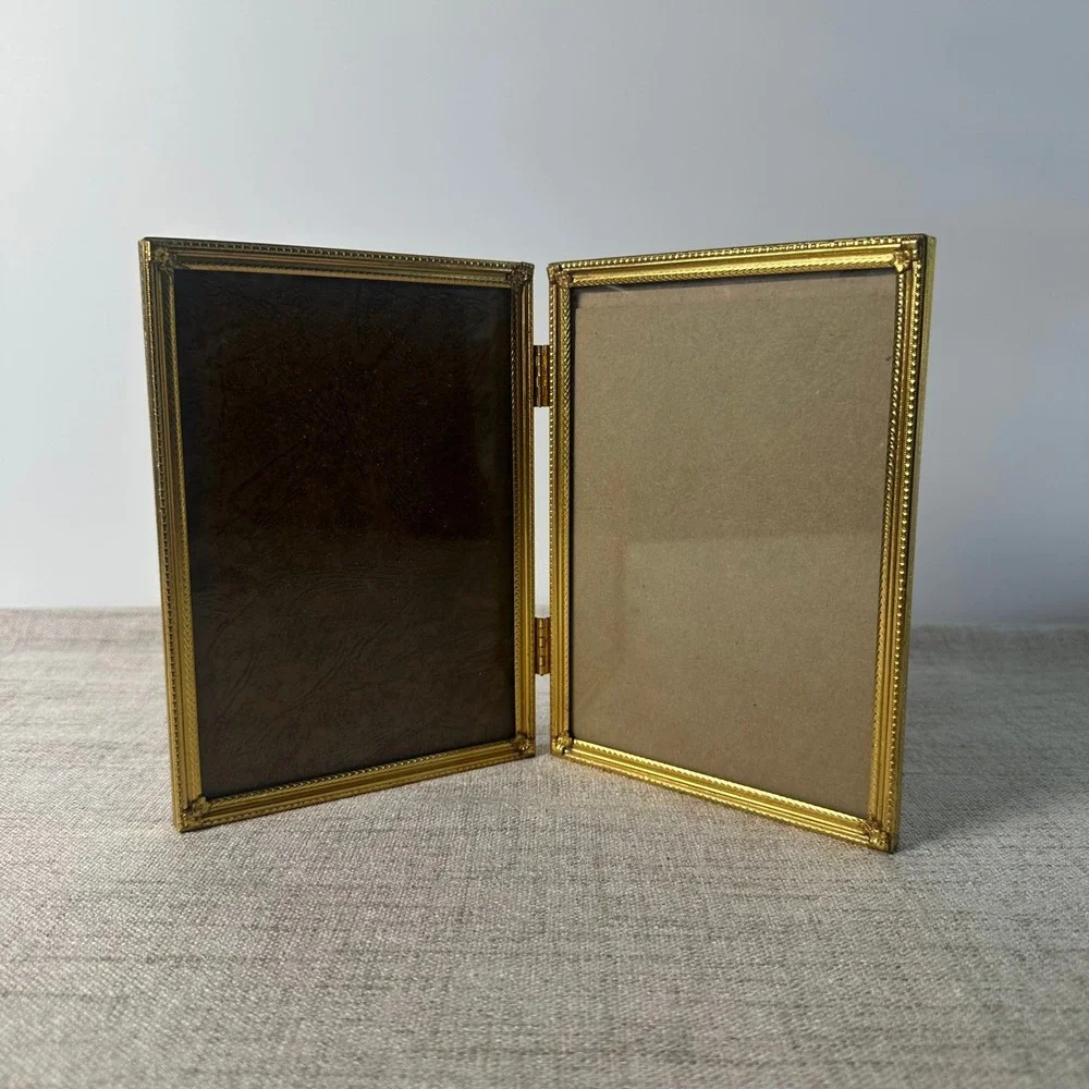Vintage Brass Double Picture Frame 5x7 | Ornate Hinged Folding Frame